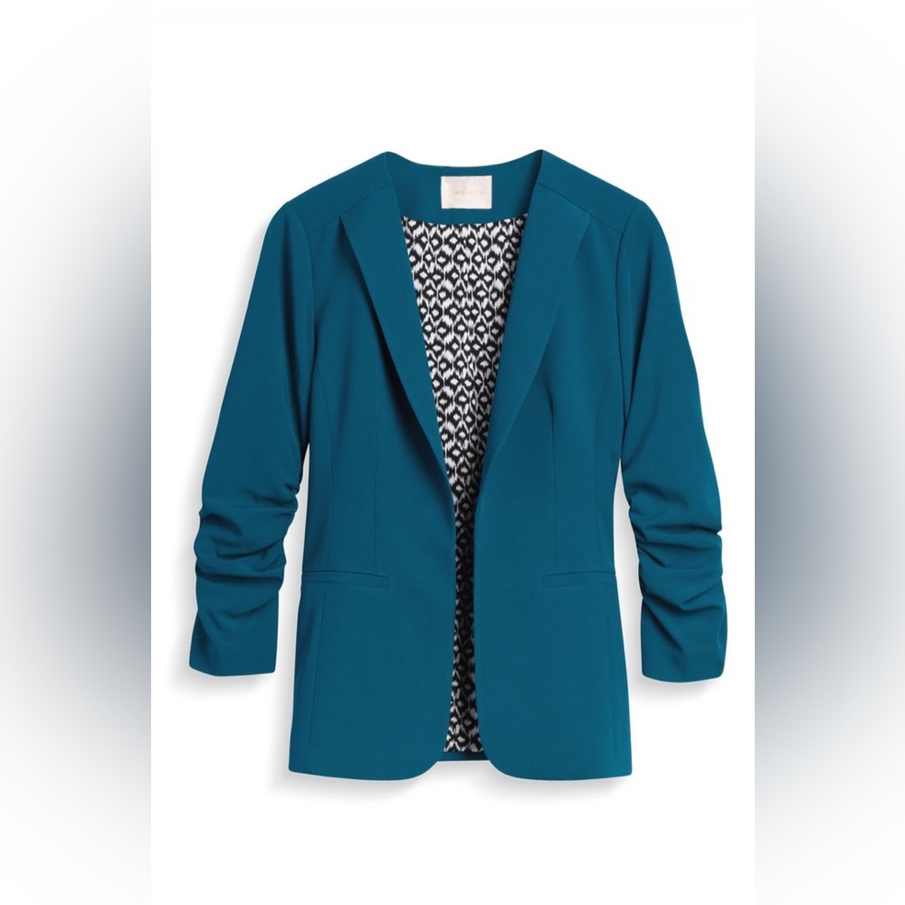Skies Are Blue Raja Collarless Teal Blazer with Ruched Sleeves